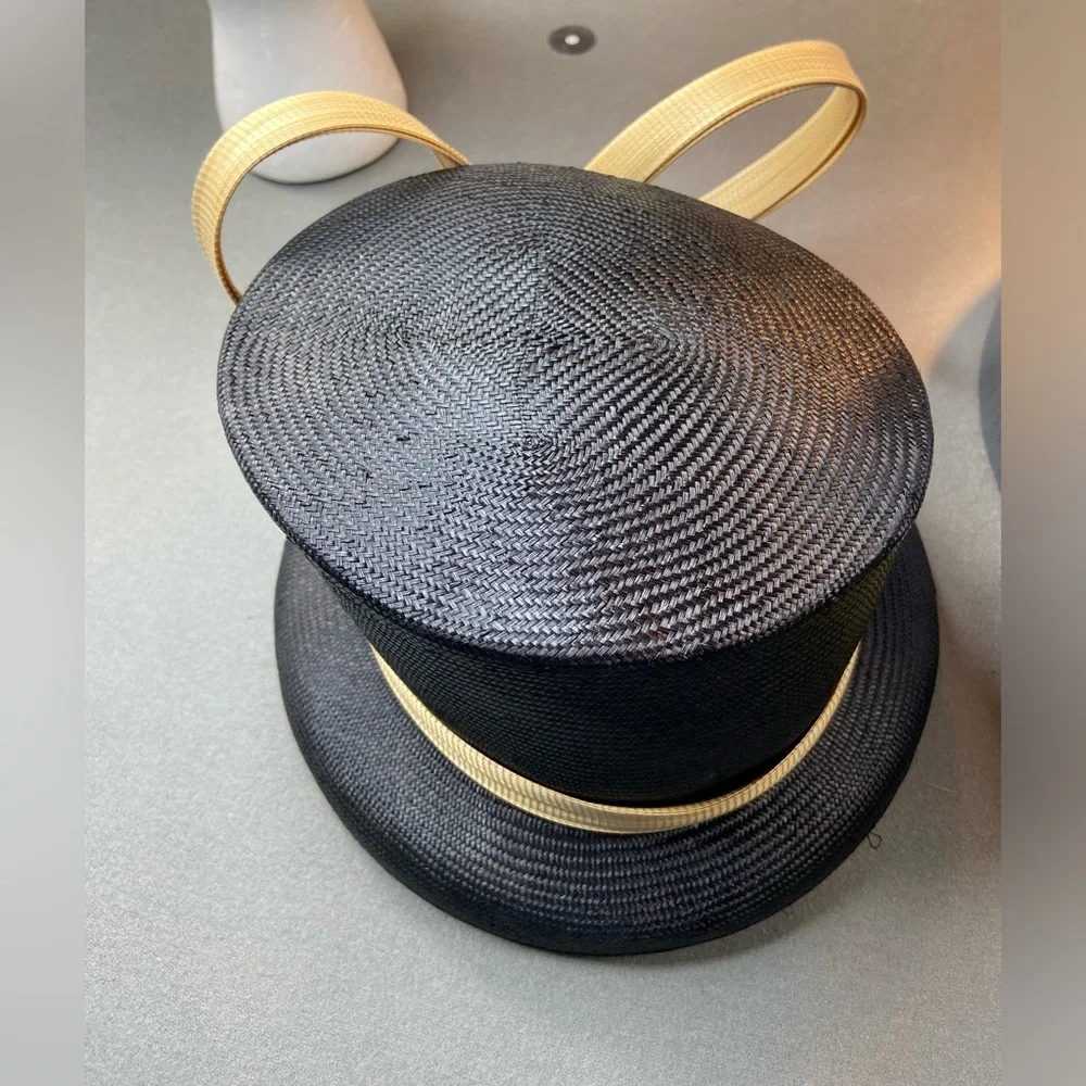 Philip Treacy London Asymmetrical‎ Navy Straw Hat with Sculptural Bow
